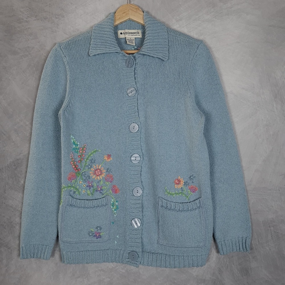 Vintage Embroidered Cardigan Sweater Womens Small Blue Floral Grandma Cottage
